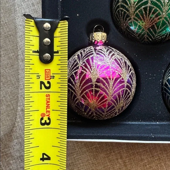 NIB Macy’s Holiday Lane Glass Ornaments Art Deco Fan Gold Glitter Set Of 5 - Picture 3 of 4